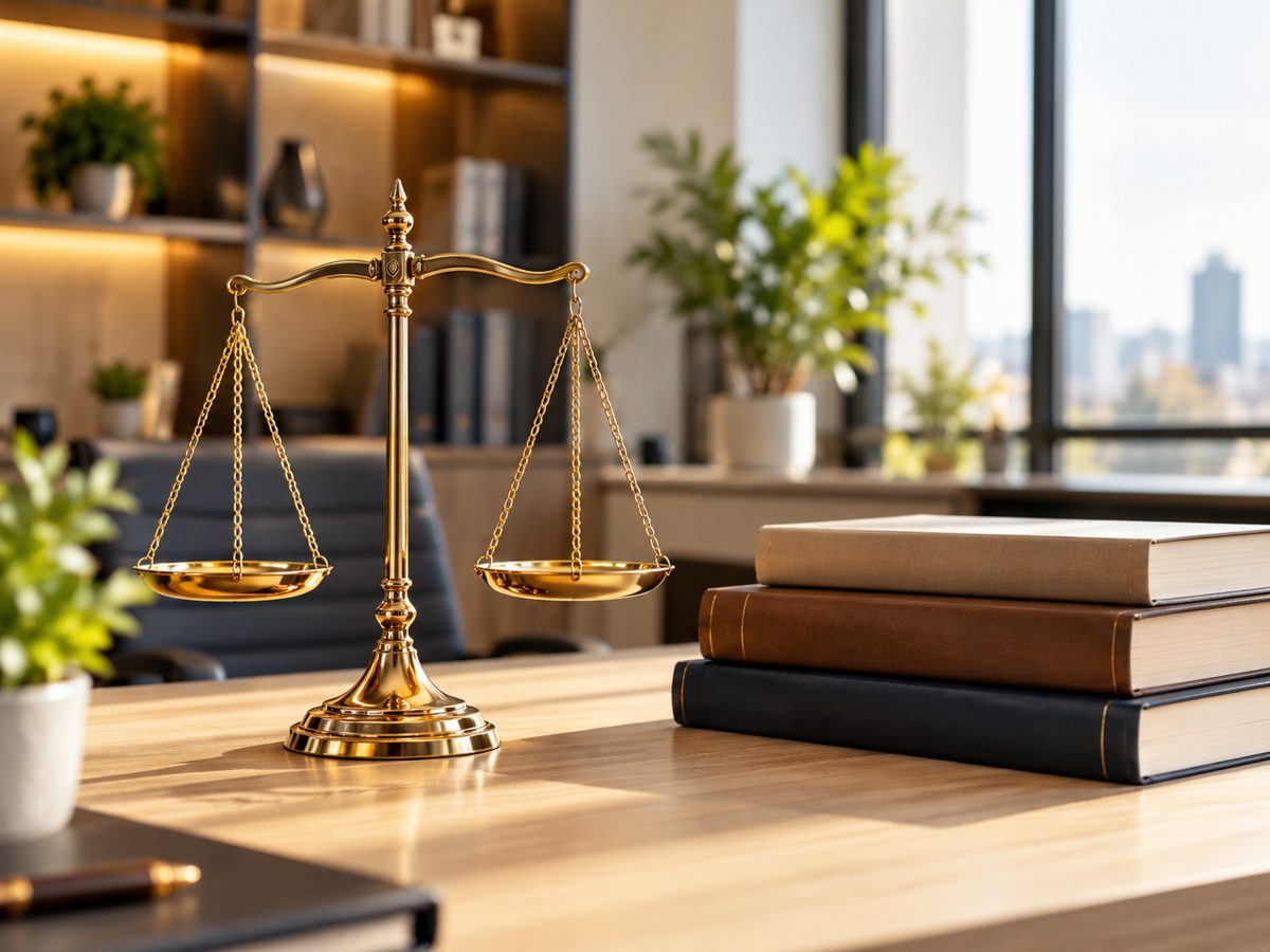 Balança da justiça e livros de direito sobre a mesa