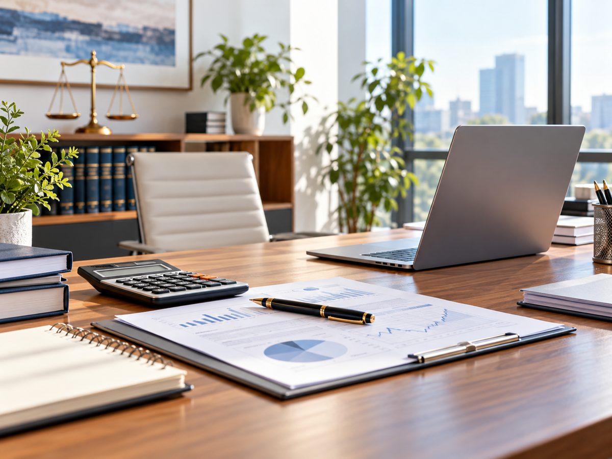 Mesa de trabalho do advogado com notebook e documentos
