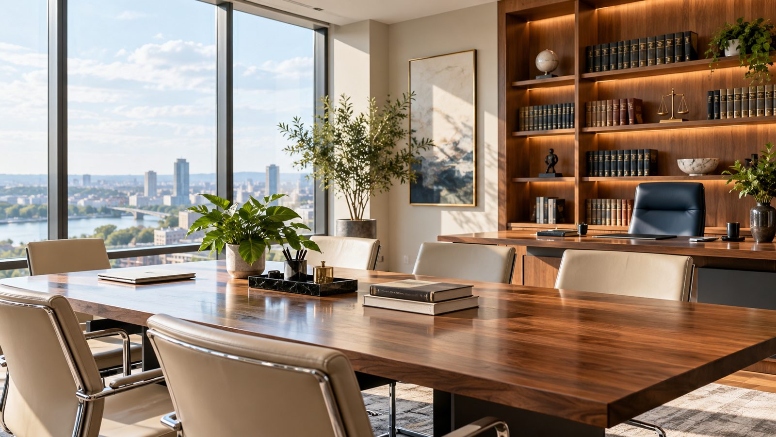Escritório de advocacia com mesa de reunião e vista da cidade